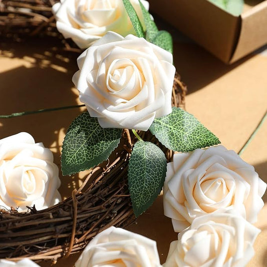 AmyHomie Artificial Flower Champagne Rose 25pcs Real Looking Fake Roses w/Stem for DIY Wedding Bouquets Centerpieces Arrangements Party Baby Shower Valentines Day Christmas Tree Decorations