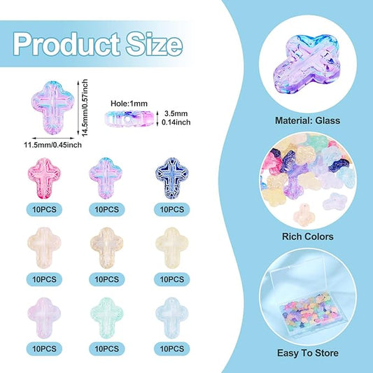 90Pcs Glass Cross Beads Crystal Crucifix Beads Colorful Jesus Cross Easter Charm Bead Loose Spacer Crosses Bead for DIY Craft Bracelets Earrings Necklaces Lanyard Jewelry Making