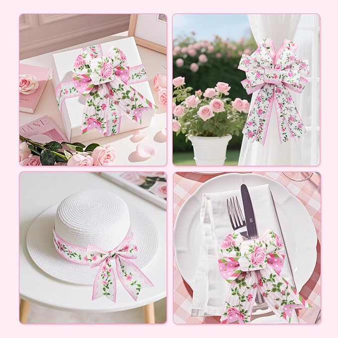 4 Rolls Pink Rose Floral Wired Edge Ribbon – 2.5 Inch, 5 Yards Each, Summer Grosgrain Set for Wedding Decor, Gift Wrapping, DIY Crafts, Mother's Day Gift
