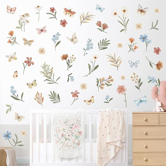 decalmile Boho Flower Wall Decals Watercolor Floral Butterflies Wall Stickers Baby Nursery Girls Bedroom Kids Room Wall Decor