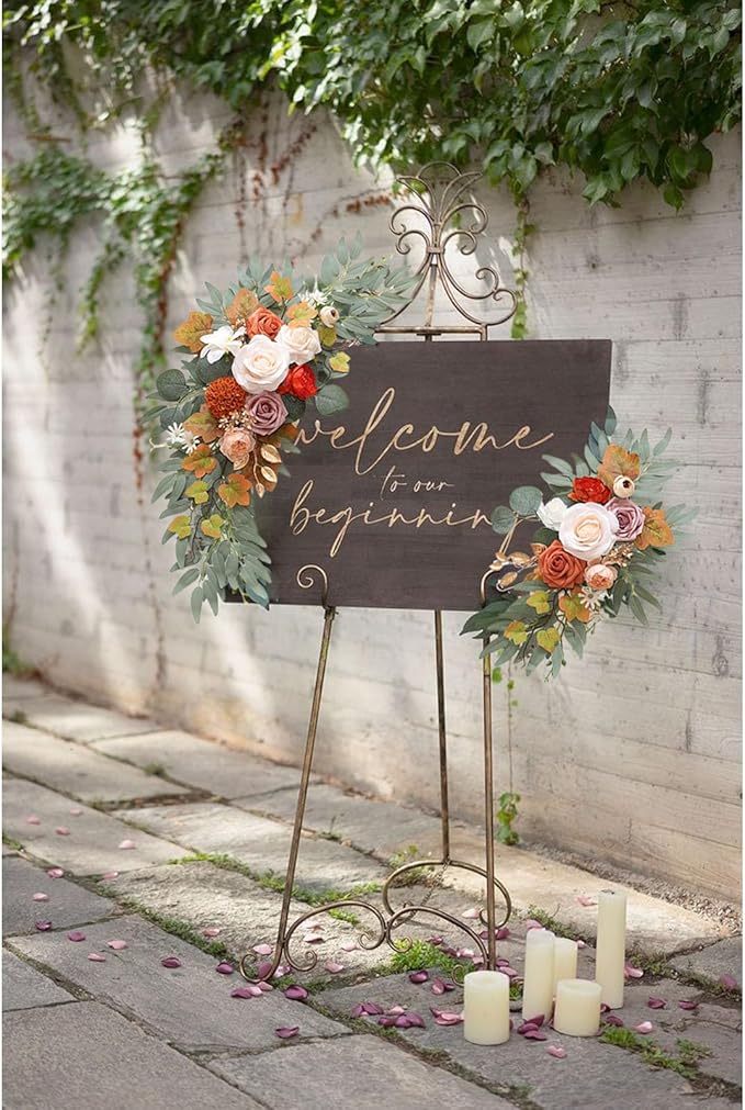 Faux Flower Swag Set of 2, Orange Artificial Flowers Swags for Wedding Arch, Wedding Welcome Signs, Welcome Reception Ceremony Signs Decorations