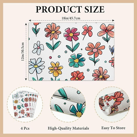 Cotton Linen Waterproof Placemats Set of 4, Cute Flowers Dining Mat Table Mats Decor Fabric for Kitchen Dinner Coffee Shop Table, Indoor/Outdoor Washable Wipeable Placemat -N026