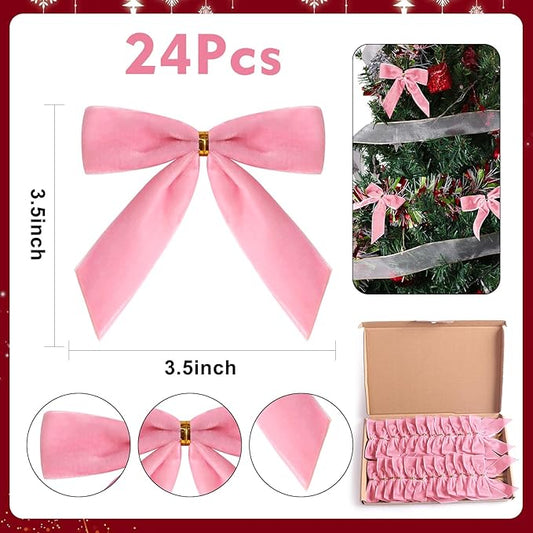24 Pcs Pink Small Velvet Christmas Bows for Christmas Tree, Wreath, Gift Wrapping, Crafts, Wedding, Party, Twist Tie Bows for Treat Bag Bakery Candy Bags, Home Decor 1" W,3.5 x 3.5 inch