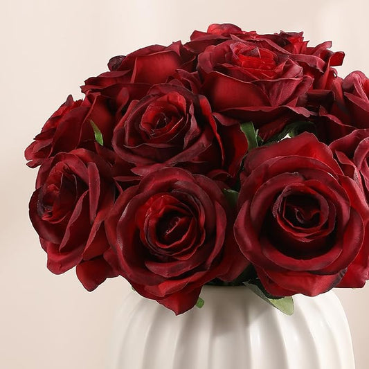 Veryhome Artificial Flowers Silk Roses Real Touch Bridal Wedding Bouquet for Home Garden Party Floral Decor 10 Pcs (Blooming Rose - Gradient Burgundy Red)