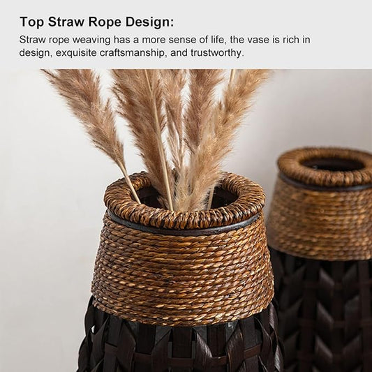 28.9''H Rustic Tall Woven Bamboo & Rattan Floor Vase – Decorative Standing Accent Vase for Dried or Silk Flowers, Farmhouse & Boho Home Decor for Living Room or Entryway (Black & Brown, Large)