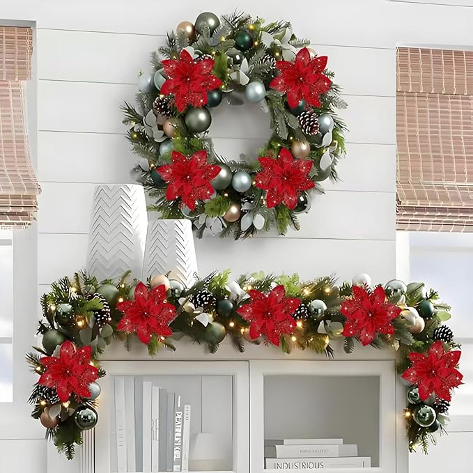 24 PCS Poinsettia Flower Artificial Red Christmas Flowers Artificial 5.5'' Glitter Poinsettias Artificial Christmas Tree Flower with Clips DIY Xmas Wreath Holiday New Year Home Party Decor
