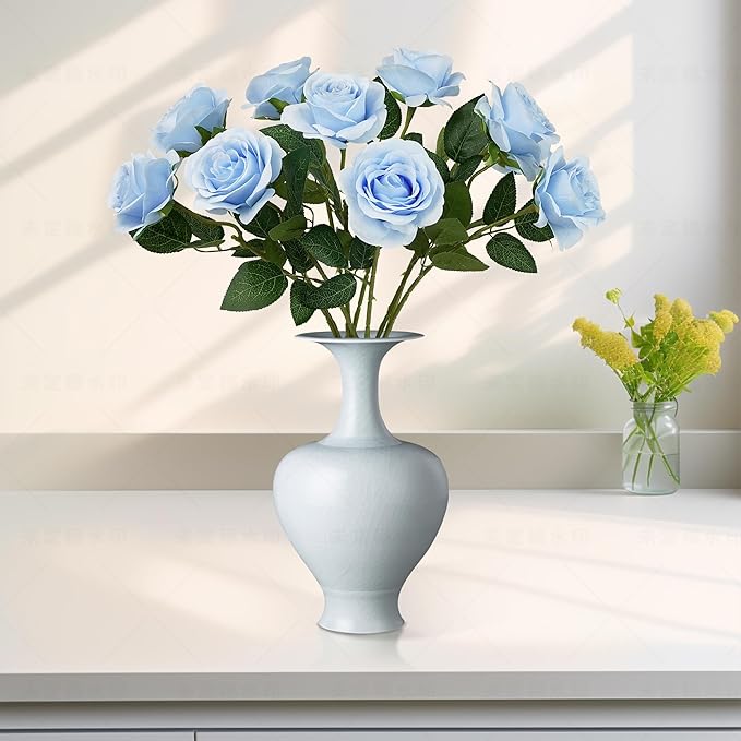 Flojery 10pcs Sky Blue Silk Roses Artificial Rose Flowers Long Stem for DIY Wedding Bouquet Table Centerpiece Home Décor