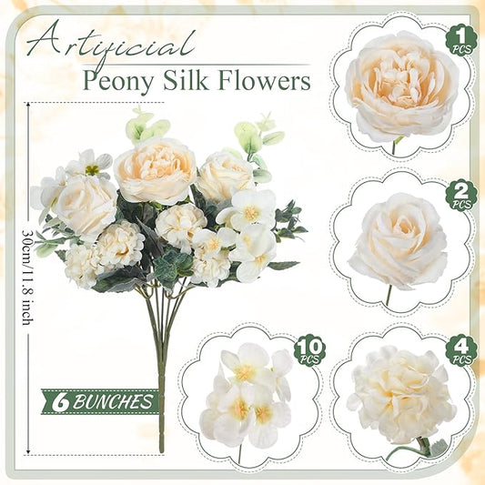6 Pcs Artificial Peony Silk Florals Fake Mix Silk Peony Rose Faux Flower Hydrangea Bouquet Elegant Realistic Wedding Floral Centerpiece for Home Party Table Arrangement (Champagne)