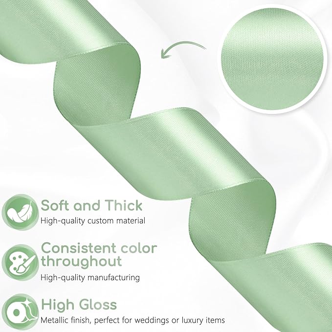 Sage Green Ribbon 1-1/2 Inch 30 Yards Sage Green Satin Ribbon for Flower Bouquet, Fabric Ribbon for Gift Wrapping Crafts Hair Accessories Sewing Wedding Christmas