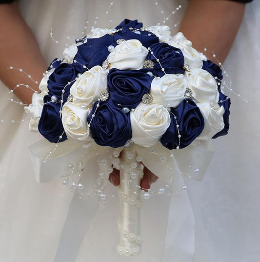 Bridal Wedding Bouquet Round Bling Brooch Bouquet Throw Toss Artificial Rose Flower Bunch for Bride Bridesmaid Wedding Quinceanera(Navy Blue & Ivory, 9.8")