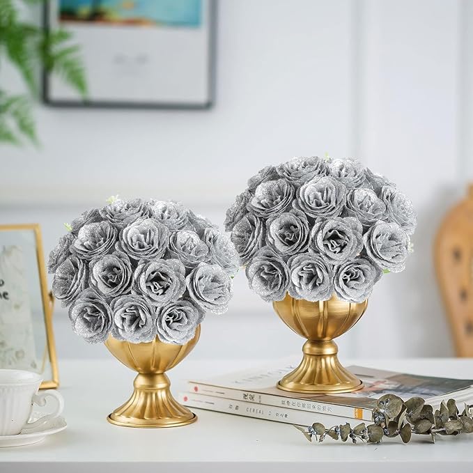 Glitter Roses Bouquet,30PCS Silver Roses Fake Roses Artificial Flowers for Wedding Bouquet Party Christmas Home Decor(Silver)