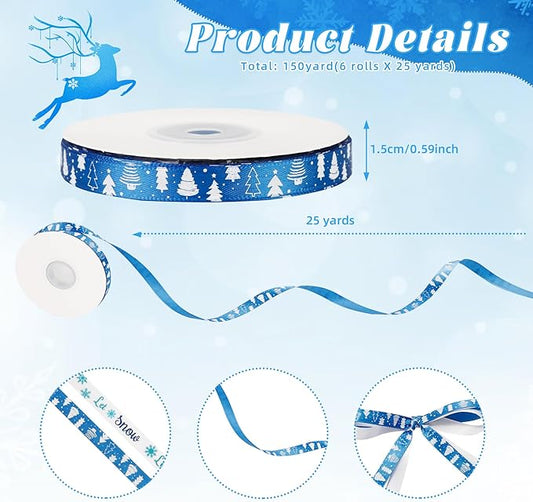 6 Rolls Winter Blue Snowflake SnowmanChristmas Ribbon for Crafts Xmas Crafts Wreath DIY Making Supplies for Gift Wrapping Bow Decoration