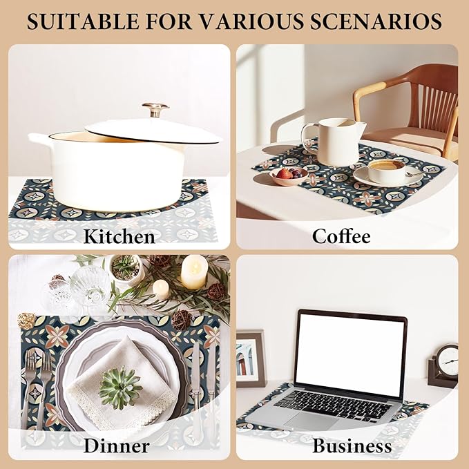 Cotton Linen Waterproof Placemats Set of 4, Boho Bohemia Dining Mat Table Mats Decor Fabric for Kitchen Dinner Coffee Shop Table, Indoor/Outdoor Washable Wipeable Place Mat -N017
