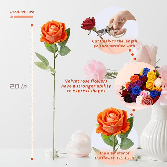 12 Pcs Artificial Rose Flowers, Silk Roses with Long Stems, Realistic Fake Roses for Wedding Centerpiece Party Home and Office DIY Decor, Orange
