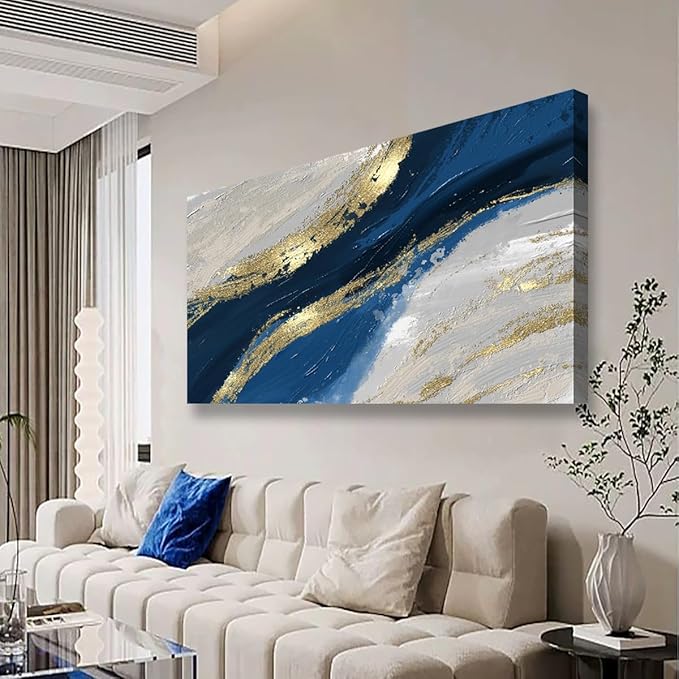 Abstract Canvas Wall Art for Living room Office Bedroom Golden Blue Wall Art Print Oil Paintings Modern Abstract River Texture Pictures Wall Decor Artwork Waterproof Ready to Hang - 20in * 40inch