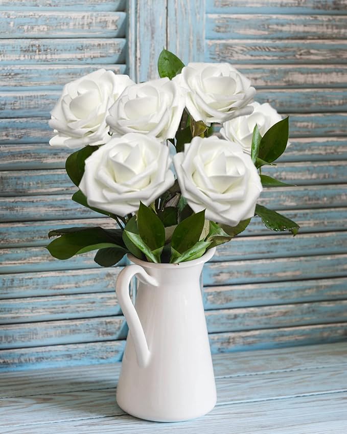 JOYLEX Artificial Flowers Realistic Roses, 25pcs Real Looking Fake Roses with Stem for DIY Wedding Bouquets Centerpieces Bridal Shower Party Home Romantic Decorations (Regular 3" - 25pcs, White)