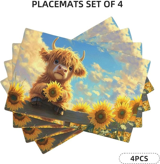 Cute Highland Cow Placemats Set of 4 Washable Table Mats Summer Yellow Sunflower Heat-Resistant Cotton Linen Place Mats for Dining Table Kitchen Indoor Outdoor Party Holiday Decor