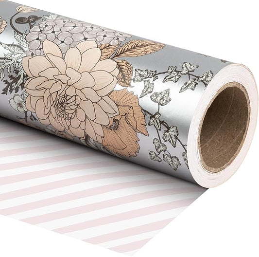 WRAPAHOLIC Jumbo Reversible Floral Wrapping Paper - 24 Inch X 100 Feet Jumbo Roll Pearlized Vintage Floral Design, Perfect for Wedding, Birthday, Mother's Day