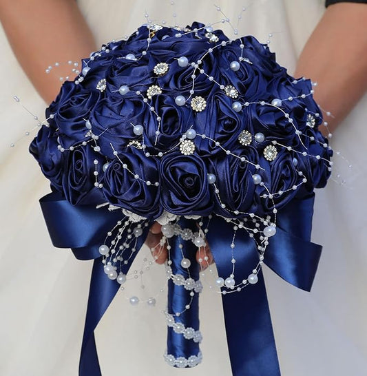 Bridal Wedding Bouquet Round Bling Brooch Bouquet Throw Toss Artificial Rose Flower Bunch for Bride Bridesmaid Wedding Quinceanera(Navy Blue, 6.3")