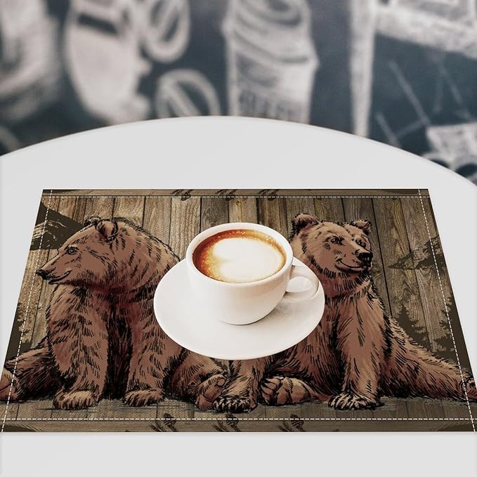 Rustic Lodge Bears Placemats Set of 4, Vintage Cabin Pine Tree Wooden Board Place Mats, Heat Resistant Non Slip Cotton Linen Dining Table Mats for Home Party Kitchen 18x12 Inch