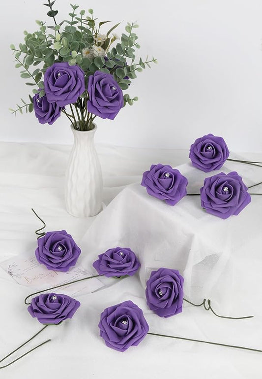 INSUNSX Purple Roses Artificial Flowers with Crystal 50PCS Purple Artificial Roses with Stems Realistic Flowers for Bridal Shower Centerpieces Wedding Bouquet Table Decorations