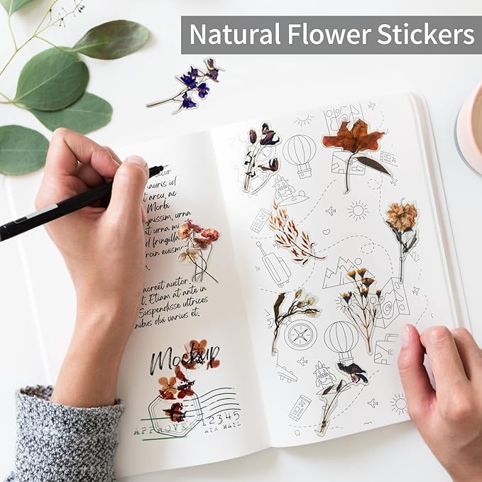 Natural Flower Sticker for Scrapbooking,PET Nature Plant Stickers Floral Stickers Vintage Craft Sticker,for Journaling Scrapbooking Clear Flower Decal (Style A)