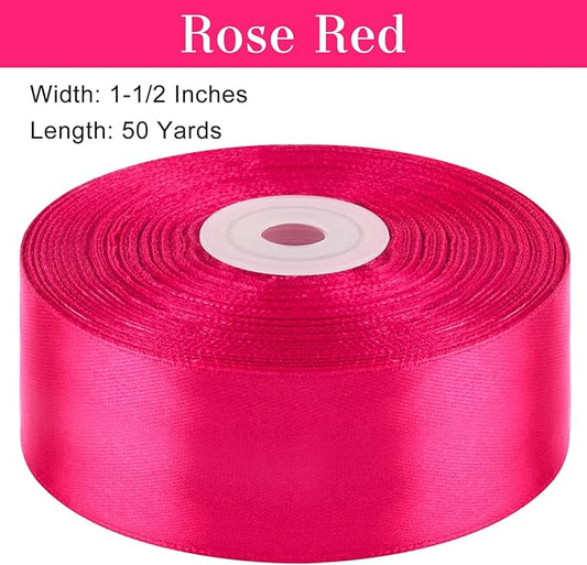 1-1/2 Inches 50 Yards Hot Pink Satin Ribbon, Solid Fabric Ribbon Roll for Flower Bouquets, Gift Wrapping, Wedding, Handmade Crafts