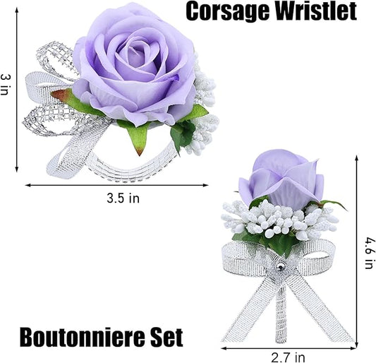 2Pcs Light Purple Rose Corsage and Boutonniere Set, Artificial Wrist Corsage Wristlet Bracelets, Men Boutonniere for Wedding Anniversary Party Homecoming Flowers Accessories Prom Decor