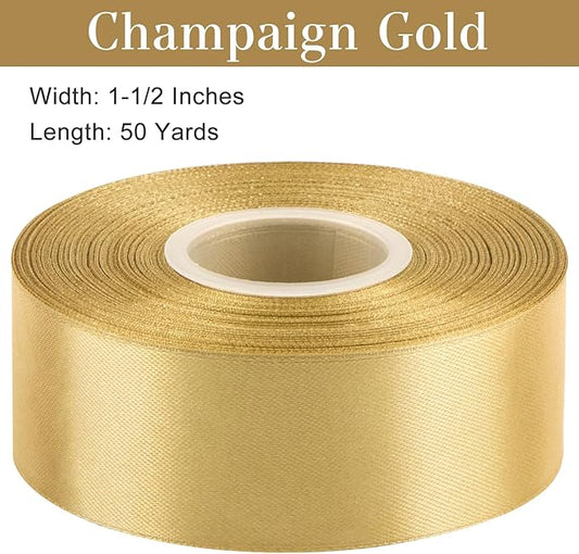 1-1/2 Inches 50 Yards Champaign Gold Satin Ribbon, Solid Fabric Ribbon Roll for Flower Bouquets, Gift Wrapping, Wedding, Handmade Crafts