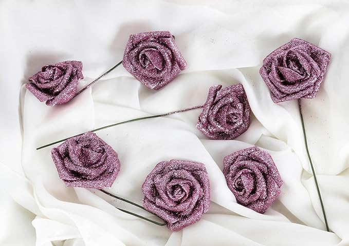 Artificial Flowers Glitter Rose 30 PCS Glitter Flowers Foam Roses with STEM Faux Flowers for DIY Wedding Bridal Bouquet Party Centerpieces Decor(Rose Gold)