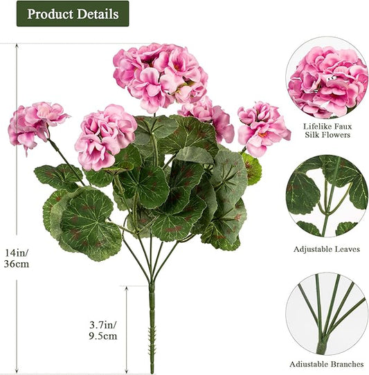Plastic Flowers for Outdoors Home Decor Fake Plants Artificial Flowers Artificial Geraniums Outdoor Fake Flowers Silk Bouquet, Fall Decor for Interior Porch Garden Decor14.4 (Pink) 8PCS