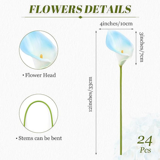 24 Pcs Artificial Calla Lily Flowers Light Blue Fake Silk Flowers Real Touch for Wedding Bouquet Office Home Kitchen Decor (White Blue)