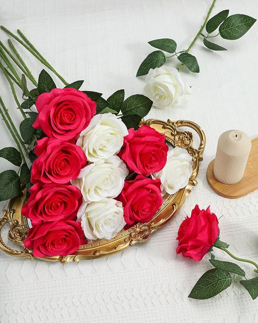 LFF 10pcs Silk Roses Artificial Flowers Fake Long Stem Roses for DIY Wedding Bouquet Home Decoration (Hotpink)
