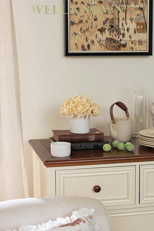 Hydrangea Fake Flowers in Vase, Artificial Flowers with Ceramic Vase Small Faux Potted Floral Arrangement for Bathroom Home Desk Kitchen Counter Vanity Shelf Coffee Table Centerpiece Decor (Champagne)