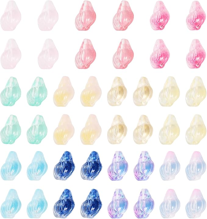66Pcs Glass Conch Shell Beads Colorful Spiral Shells Glass Crystal Beads Transparent Spray Paint Ocean Beach Seashell Bead Marine Life Bead for DIY Craft Bracelet Earring Jewelry Making