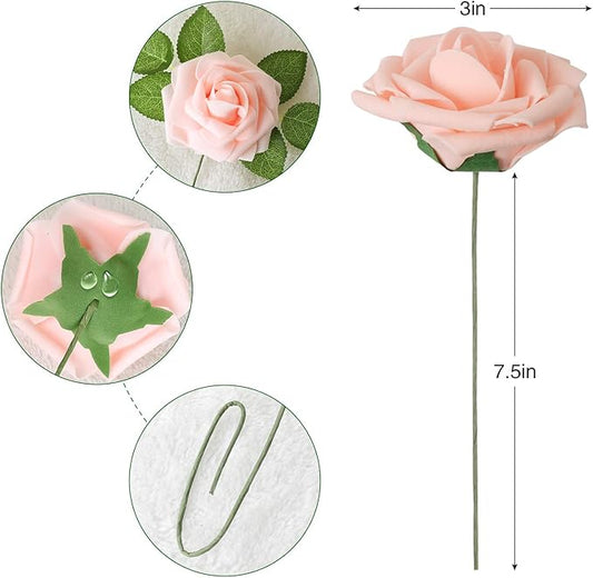 AmyHomie Artificial Flower Blush Pink Rose 50pcs Real Looking Fake Roses w/Stem for DIY Wedding Bouquets Centerpieces Arrangements Party Baby Shower Valentines Day Christmas Tree Decorations
