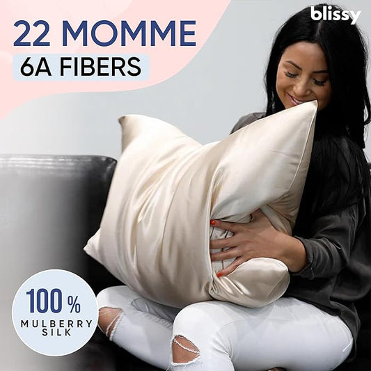 Blissy Silk Pillowcase - 100% Pure Mulberry Silk - 22 Momme 6A High-Grade Fibers - Silk Pillow Cover for Hair & Skin - Regular, Queen & King (Champagne, Standard)