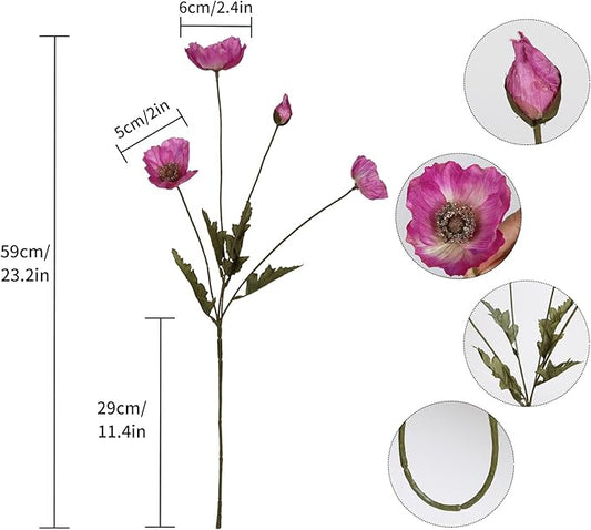 IPOPU Artificial Poppies 6PCS Fuschia Silk Flowers with Stems Hot Pink Poppies Flowers Artificial Realistic Floral Arrangements for Wedding Centerpieces Home Table Party Decor (Fuschia)