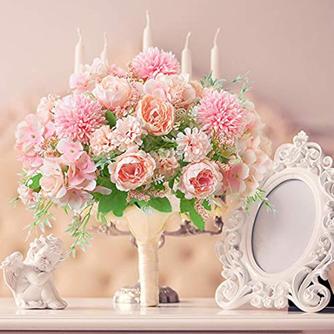 DDcafor 6 Pack Artificial Flowers, Fake Faux Peony Silk Hydrangea Plastic Carnations Daisy Realistic Flower Arrangements for Wedding Decoration Table Centerpieces, for Home Office Party Decor (Pink)