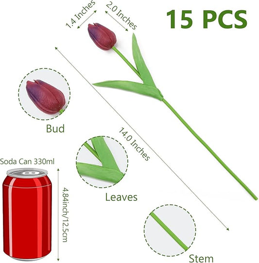 SITUMEIZI 15pcs Tulips Fake Burgundy Artificial Flowers Real Touch 14" Silk Flower for Home Decor Easter Spring Wedding Bouquet Decorations Mother's Gift Day Floral Arrangements