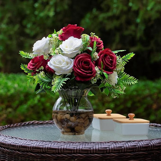 ENOVA FLORAL 18 Heads Silk Rose Artificial Flowers in Vase,Faux Rose Flowers Arrangement in Round Bowl Vase with Faux Water and River Rock for Table Decor Centerpieces (Burgundy Cream)