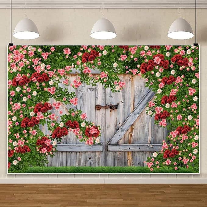 AOFOTO Barn Door Rose Backdrop Rustic Red Pink Beige Flowers Background Romantic Phtography Banner for Anniversary Wedding Decor Photo Studio Photobooth Props 10x8ft