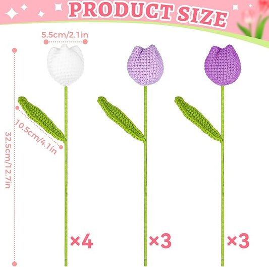 TLY 10 Pcs Crochet Tulips Flowers Artificial Flowers Bouquet Finished Handmade Knitted Tulip Bouquets with Leaf and Long Stem for Home Centerpieces Decor Valentine's Day Wedding Anniversary