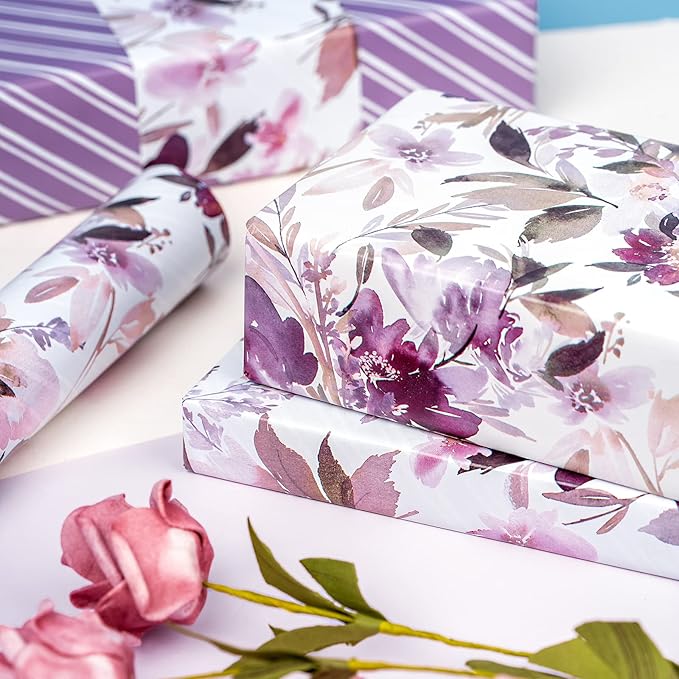 WRAPAHOLIC 30 Inch Reversible Floral Wrapping Paper - 30 Inch X 33 Feet - Purple Flower Wrapping Paper for Wedding, Birthday, Mothers Day, Baby Shower, Anniversary, Bridal Shower