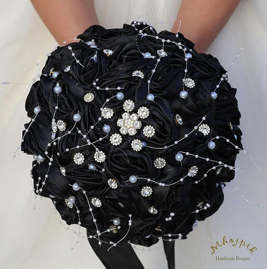 Bridal Wedding Bouquet Round Bling Brooch Bouquet Throw Toss Artificial Rose Flower Bunch for Bride Bridesmaid Wedding Quinceanera(Black, 7.5")