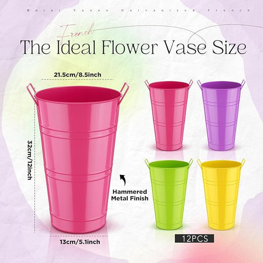 Zhehao 12 PCS 12 Inch Galvanized Metal Vase with Handles Bulk Tin Flower Buckets Galvanized Vases for Country Wedding Table Centerpieces Flower Buckets for Wedding Home (Green, Yellow, Purple, Rose)