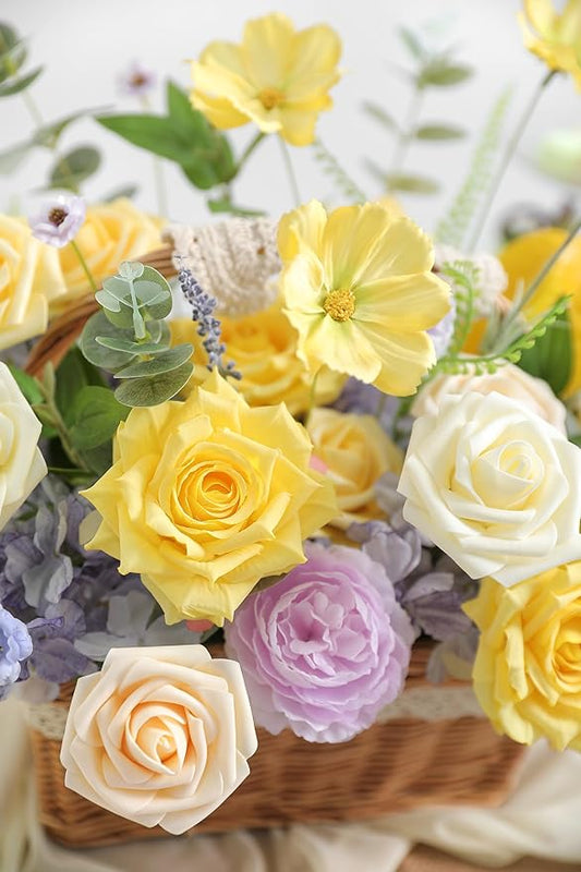 YYHUAWU Artificial Flowers Combo Box Set Gradient Yellow Flower Leaf with Stems for DIY Wedding Bouquets Centerpieces Baby Shower Party Home Decorations