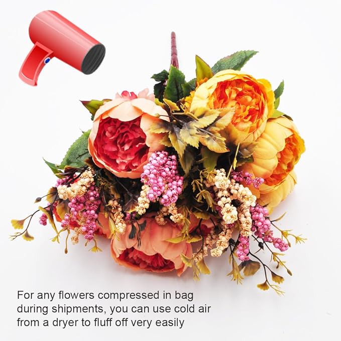 1pcs Artificial Peony Bouquet,19 Inch Silk Peony Bunch with 7 Faux Flowers,Classical Style Artificial Flowers with Leaves and Ornaments for Wedding,Home Décor Centerpieces(Orange)