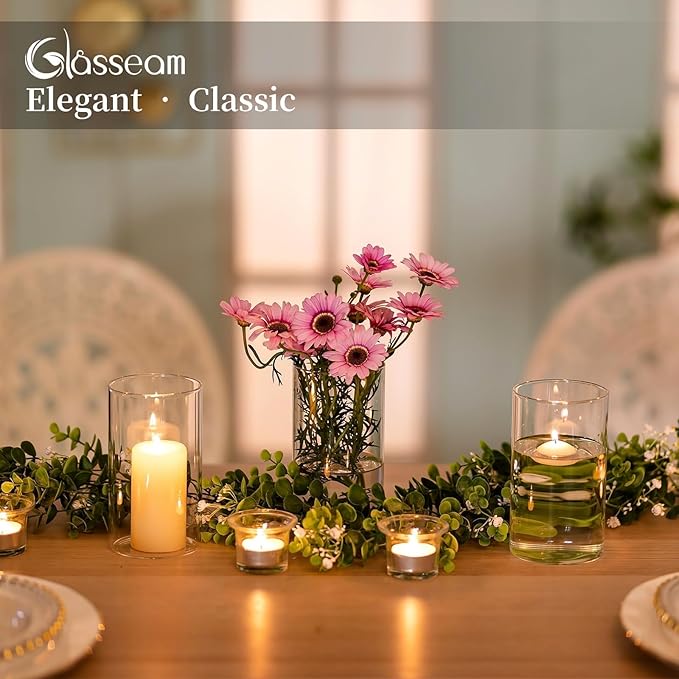 Glasseam Cylinder Vases for Centerpieces, Set of 6 Clear Glass Vases for Flowers, Modern Small Floating Candle Vase Decor, Decorative Hurricane Candle Holders for Home Wedding Table Decorations, 6in