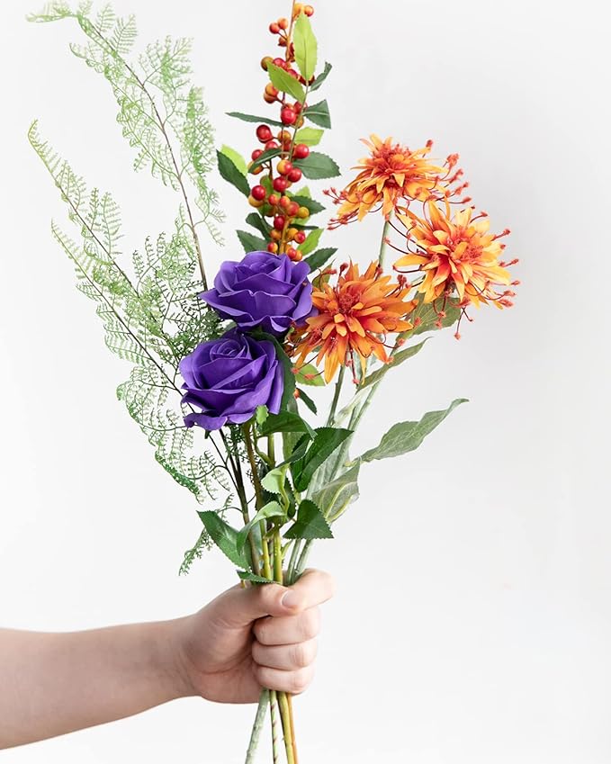 DuHouse 10pcs Fake Roses Artificial Silk Flowers Faux Rose Flower Long Stems Bouquet for Arrangement Wedding Centerpiece Party Home Kitchen Decor(Purple)